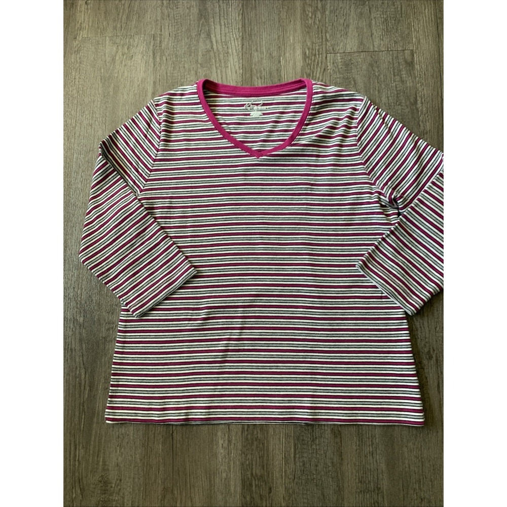 Kim Rogers Striped V-Neck 3/4 Sleeve Cotton Shirt Pink Gray White Large